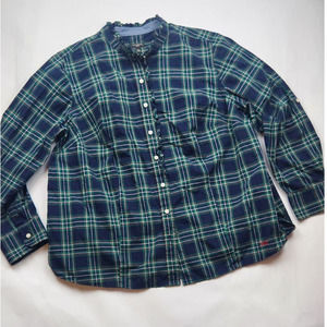 Talbots Tartan Plaid Green Navy Button Front Shirt Ruffle Trim 18W Blouse Top
